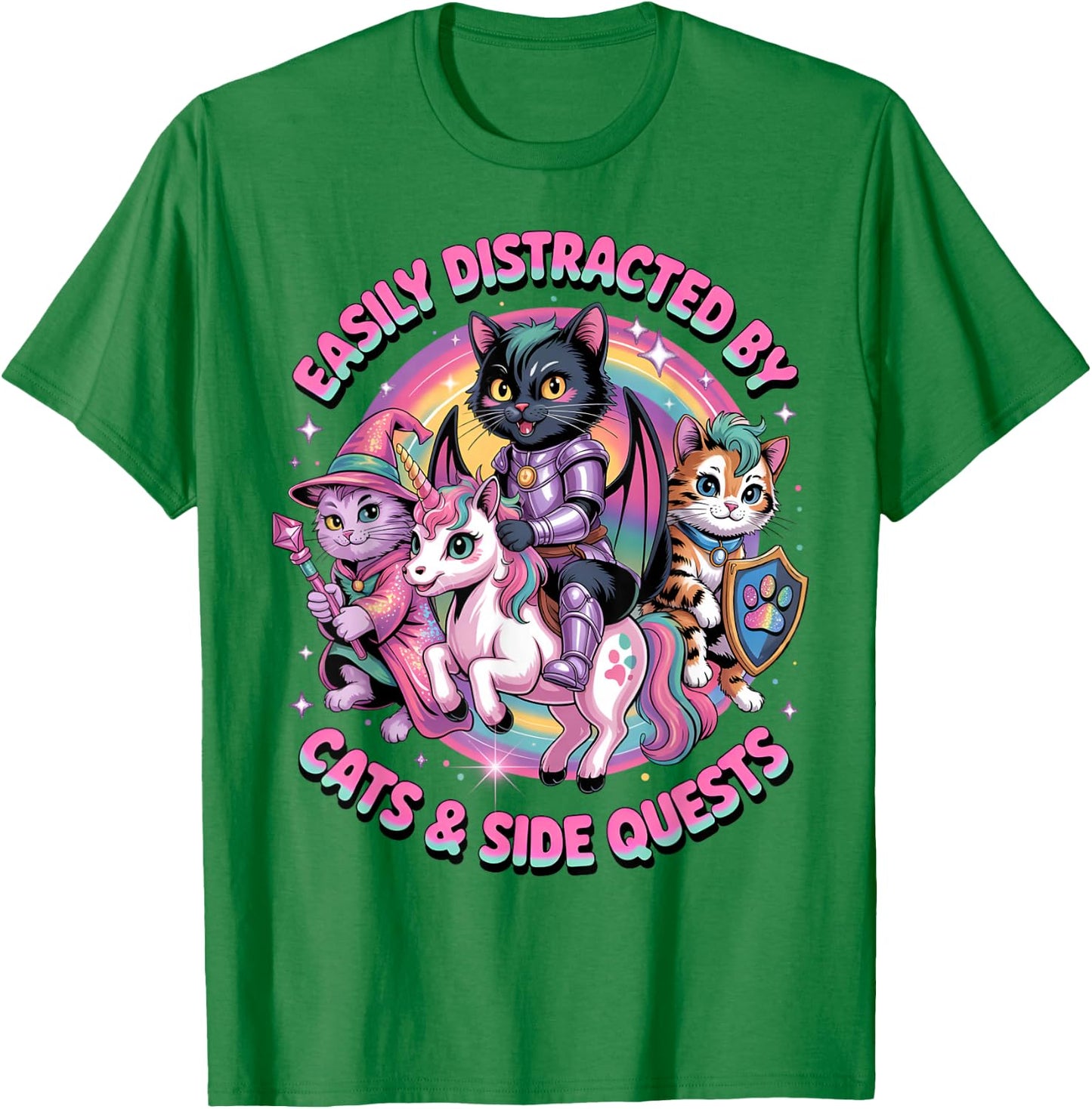 Gamer Cats Side Quest Distracted Cute Girls Unicorn RPG T-Shirt - T-Shirt | Irish Green