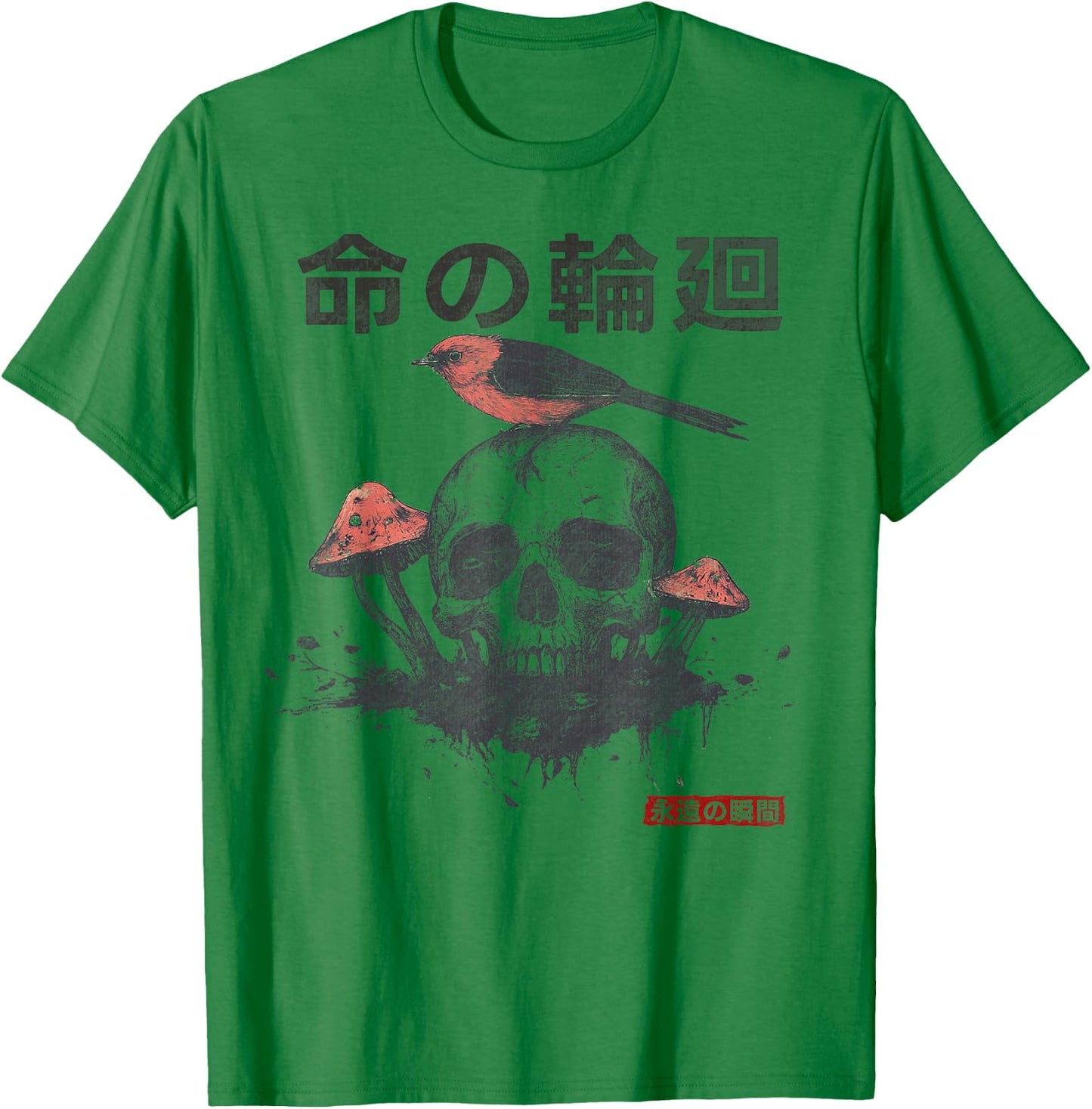 Japanese Retro Graphic Gothic Mushroom Skull Manga Horror T-Shirt - T-Shirt | Irish Green