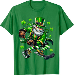 St Patricks Day Leprechaun Showing Hockey Skills Men Women T-Shirt - T-Shirt | Irish Green