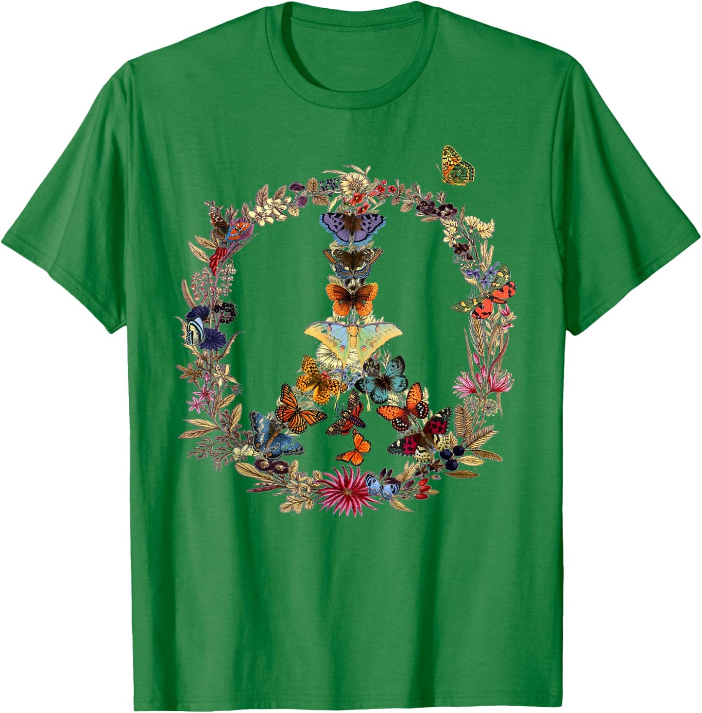 Peace Sign Butterflies flowers 60's 70s Retro Hippie T-Shirt - T-Shirt | Irish Green