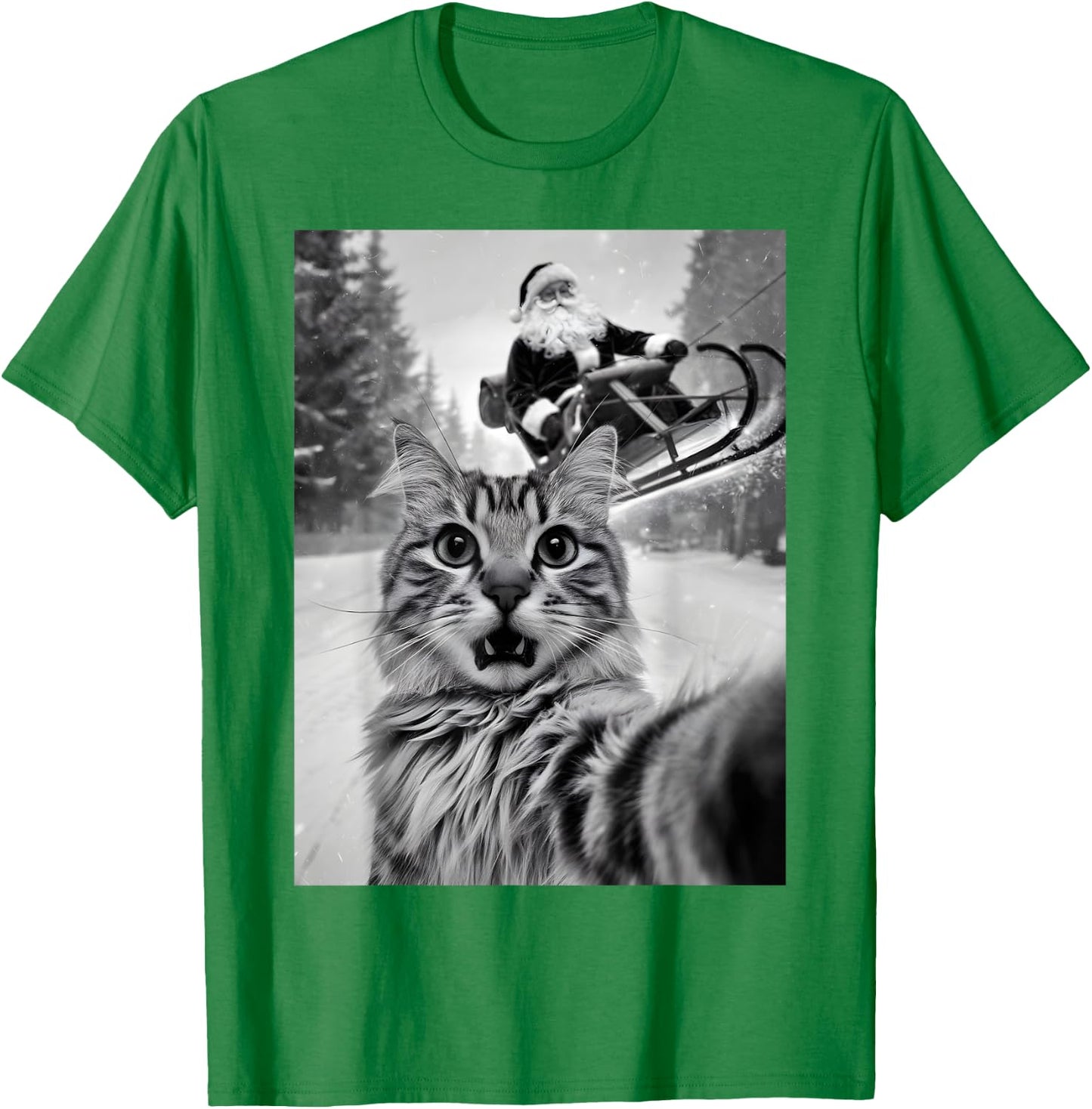 Christmas Cat Selfie With Santa Claus Sleigh Merry X-Mas Men Women Kids T-Shirt - T-Shirt | Irish Green