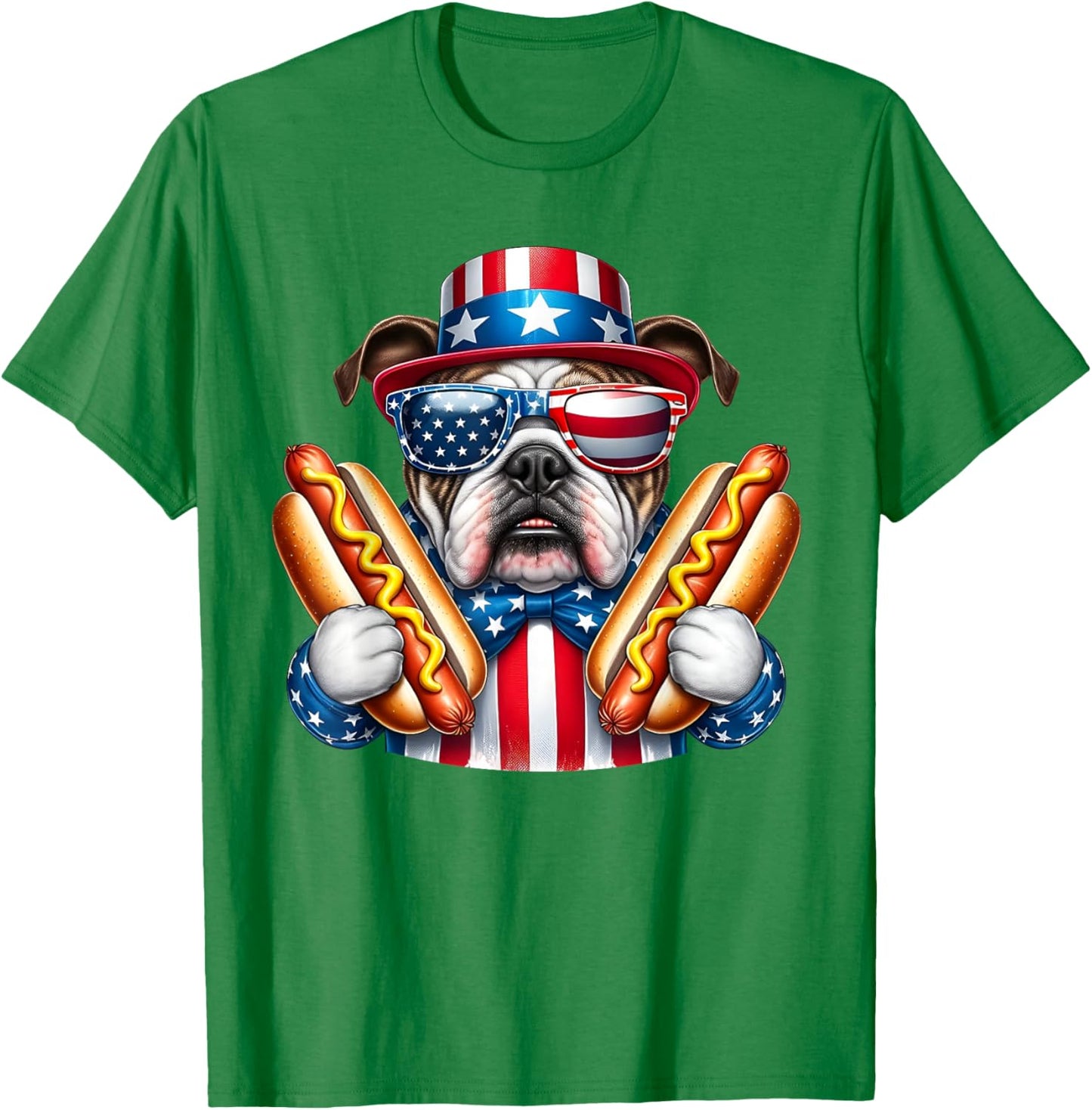 English Bulldog Dog 4th of July Hotdog USA Flag Patriotic T-Shirt - T-Shirt | Irish Green