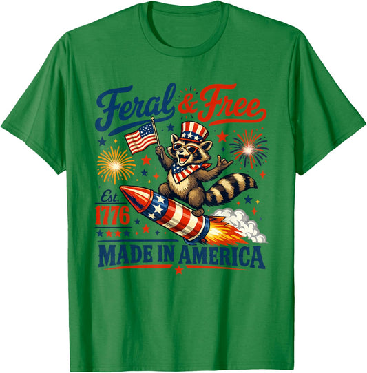 Feral & Free 4th of July America Flag Patriotic Raccoon T-Shirt - T-Shirt | Irish Green