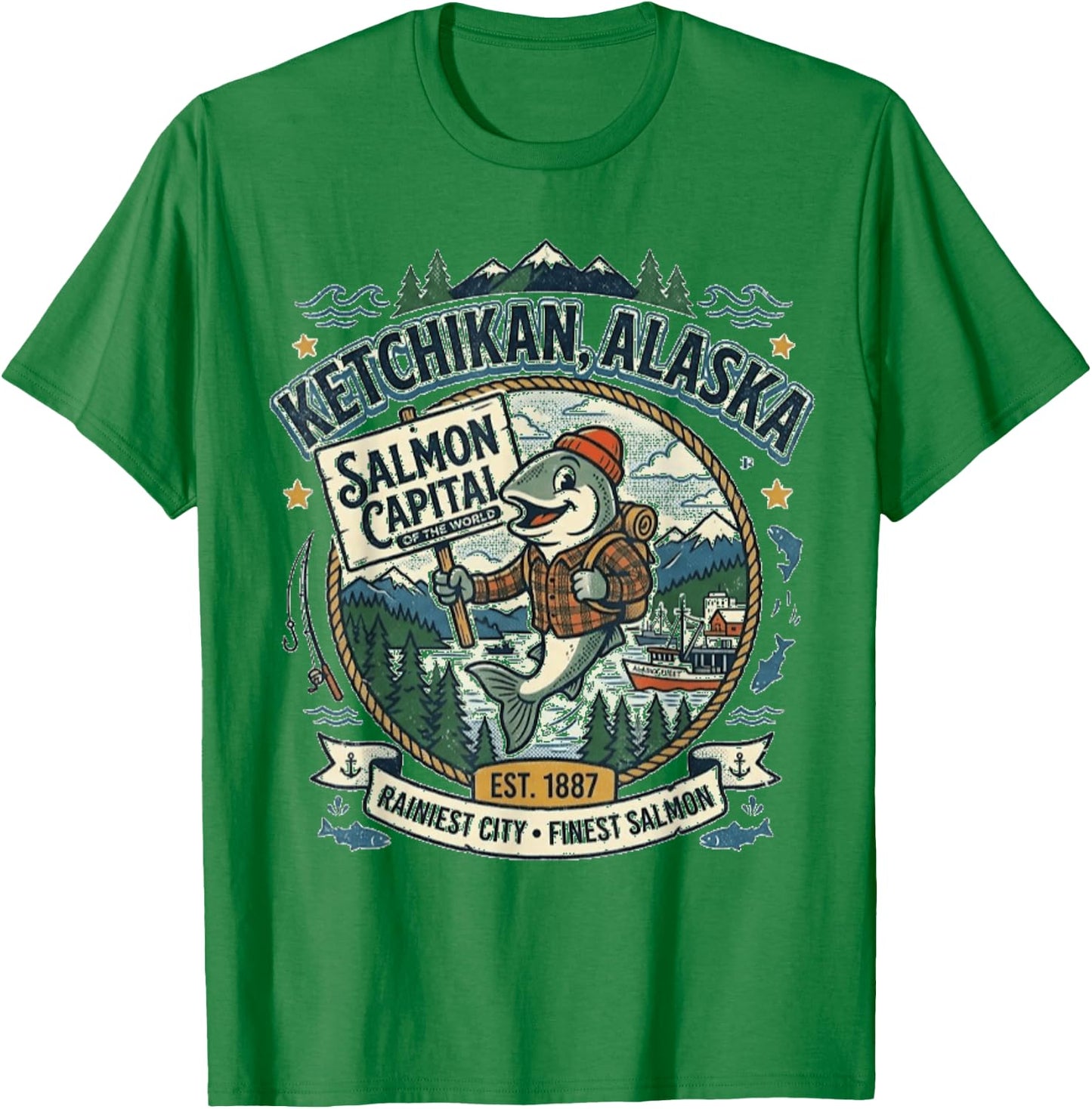 Ketchikan, Alaska - Salmon Capital - Vintage Mascot Logo T-Shirt - T-Shirt | Irish Green