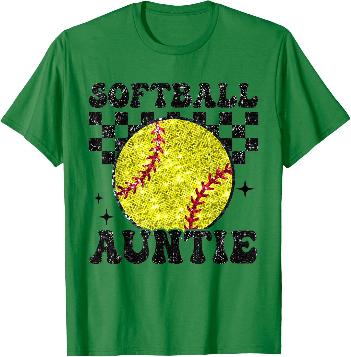 Softball Auntie Checkered Retro Funny Softball Aunt Family T-Shirt - T-Shirt | Irish Green