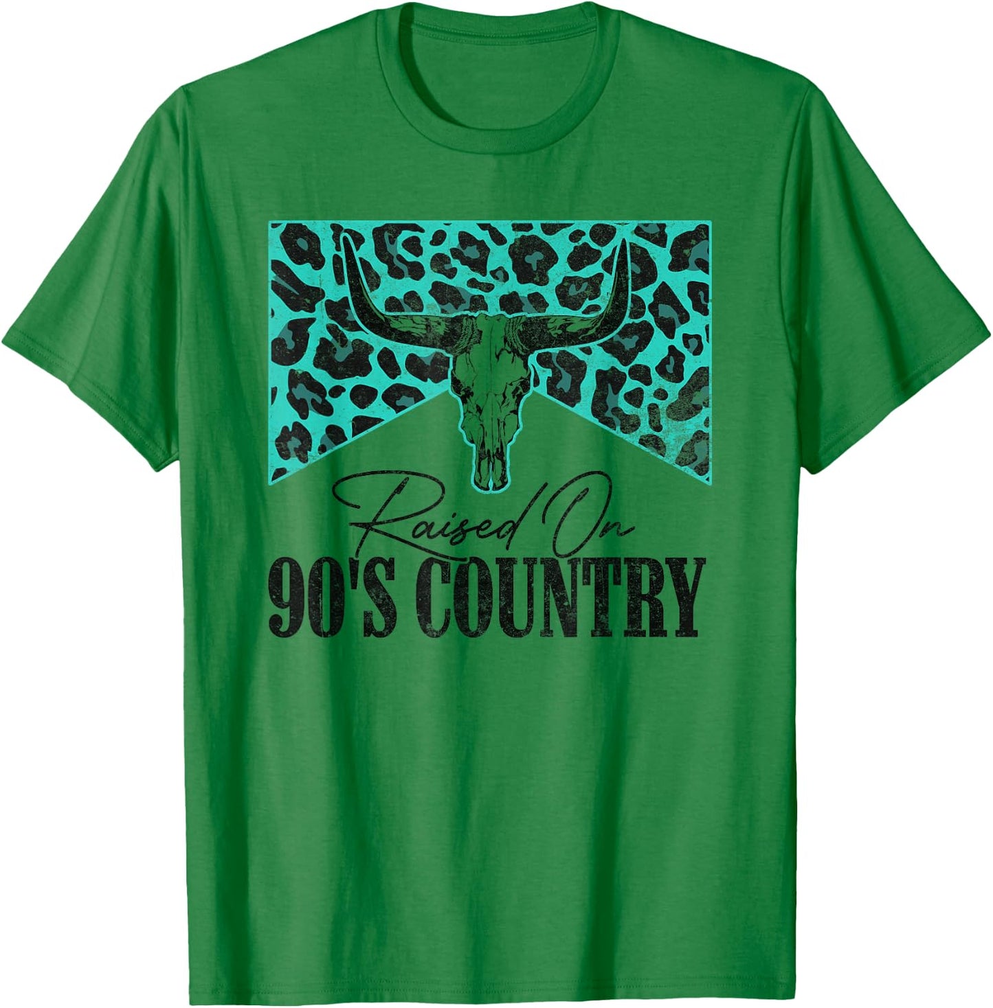 Vintage Leopard Bull Skull Raised On 90's Country Music T-Shirt - T-Shirt | Irish Green