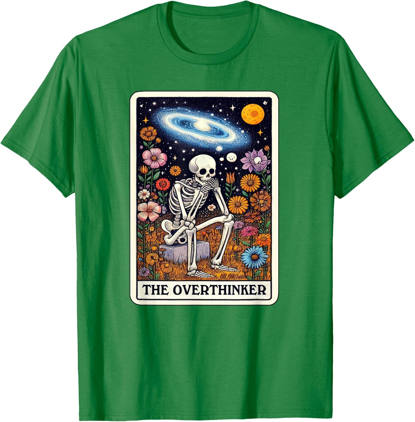 Funny Over Thinker Cool Tarot Card Skeleton Graphic T-Shirt - T-Shirt | Irish Green