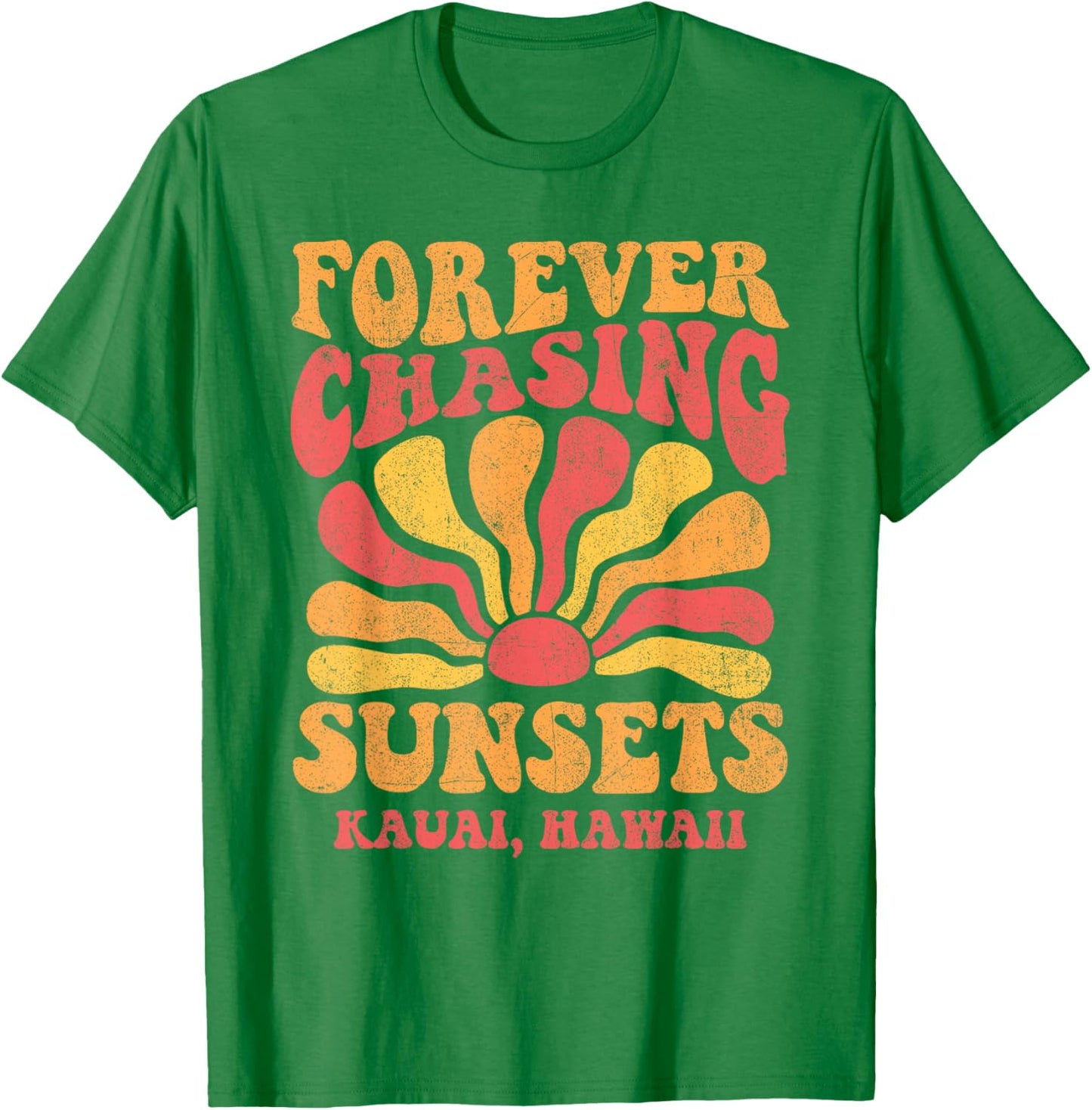 Forever Chasing Sunsets Kauai Beach Hawaii 70s Retro T-Shirt - T-Shirt | Irish Green