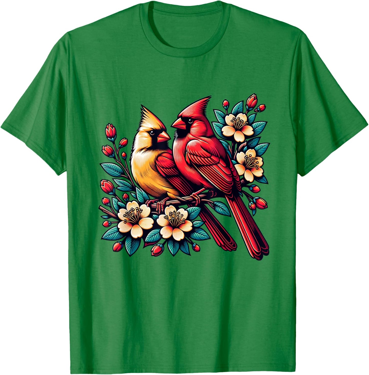 Cute Red Cardinal Couple on Flowering Branch Spring lovers T-Shirt - T-Shirt | Irish Green