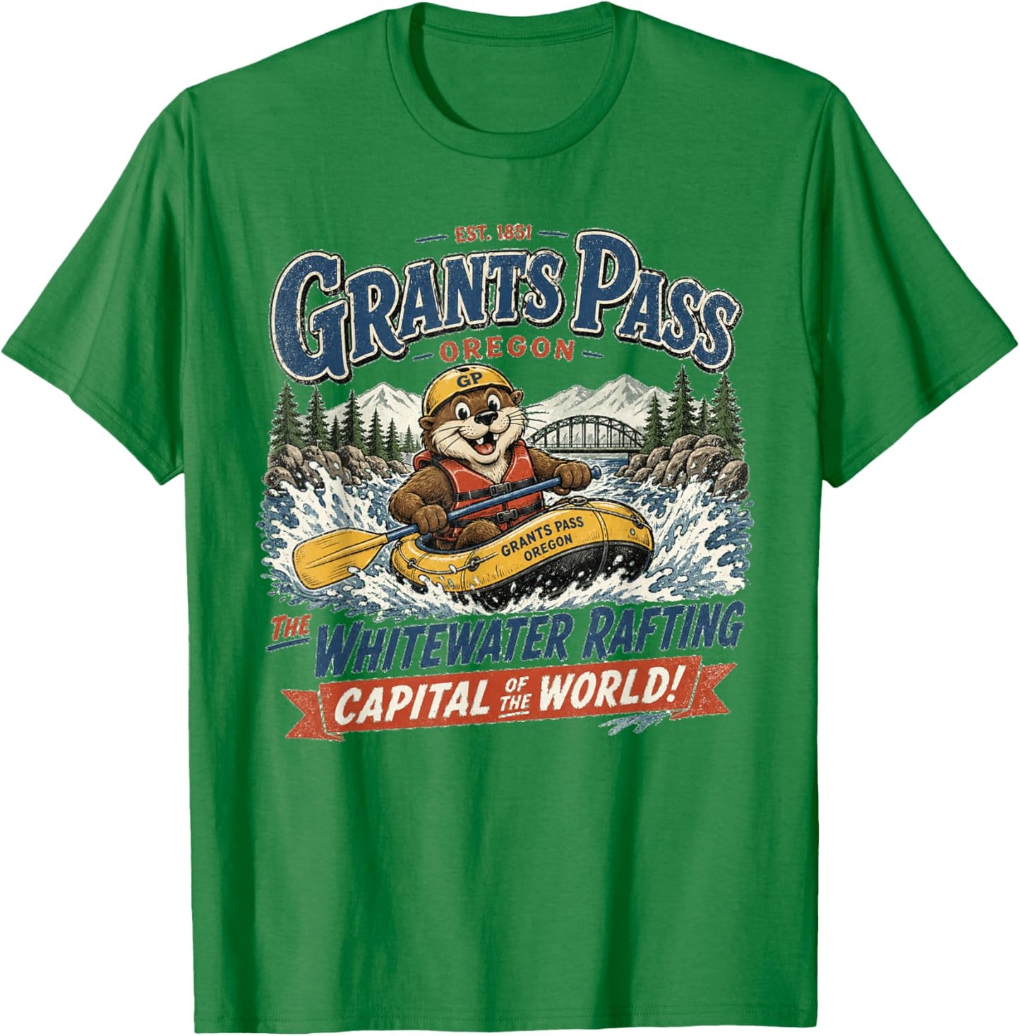 Grants Pass Oregon Whitewater Rafting Capital Vintage Logo T-Shirt - T-Shirt | Irish Green