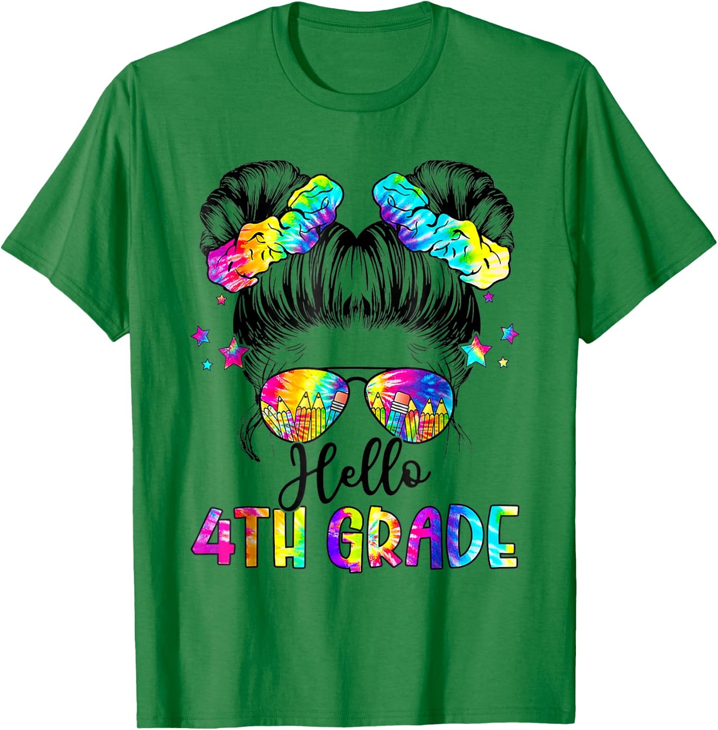 Hello 4th Grade Messy Hair Bun Girl Back To School First Day T-Shirt - T-Shirt | Irish Green