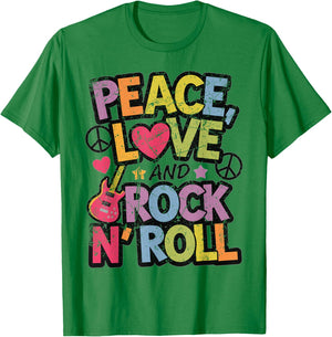 Peace, Love, and Rock 'n' Roll Retro Music-Inspired Graphi T-Shirt - T-Shirt | Irish Green