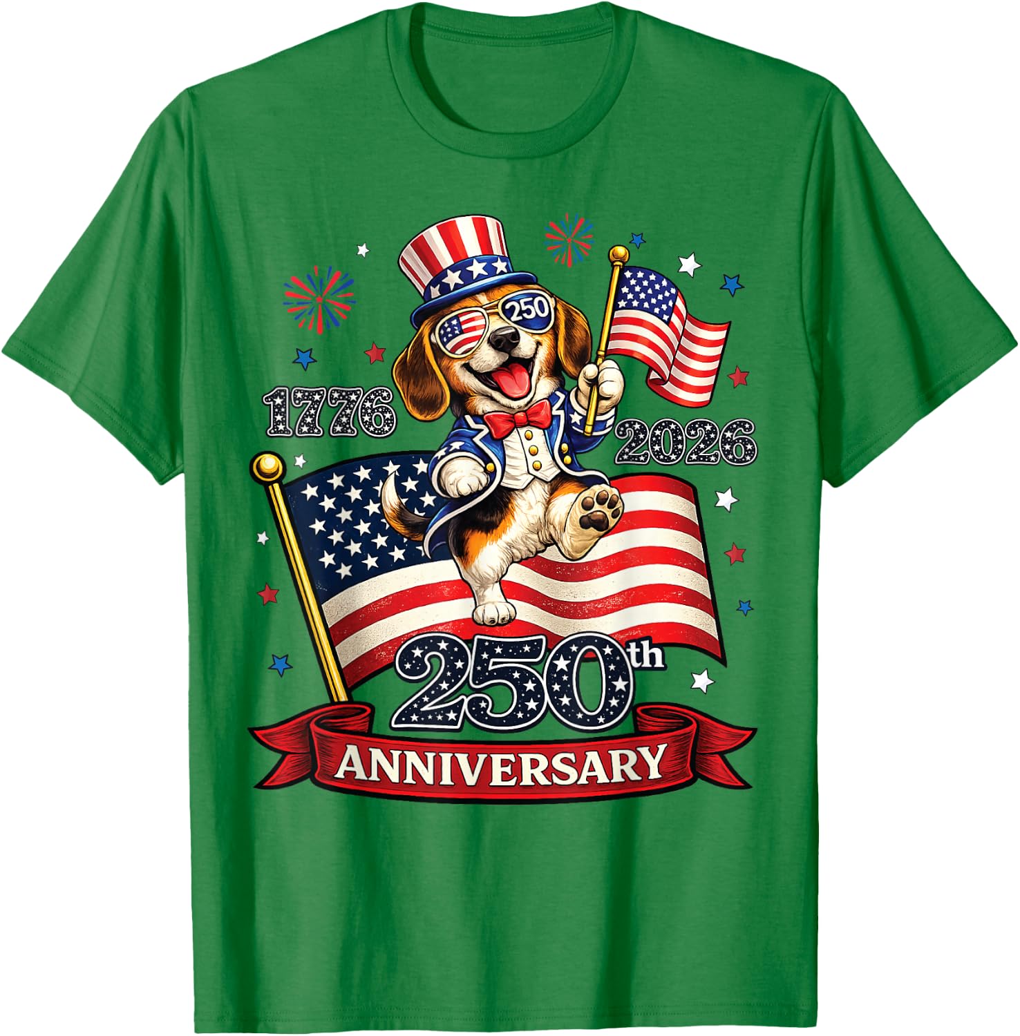 250 Anniversary USA Patriotic Dog 4th of July 2026 T-Shirt - T-Shirt | Irish Green
