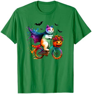 Funny & Spooky Halloween Cat Riding a Bike | Cute Pumpkin Men Women T-Shirt - T-Shirt | Irish Green