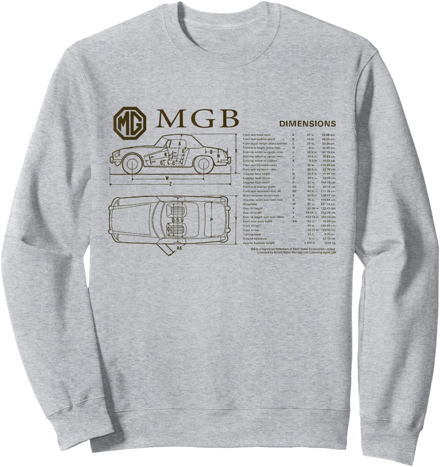 British Motor Heritage MG MGB Car Dimensions Sweatshirt - Sweatshirt | Ash