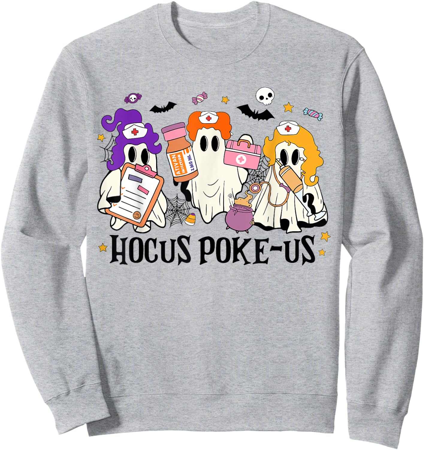 Retro Funny Hocus Poke-us Spooky Nurse Halloween Cute Ghost Sweatshirt - Sweatshirt | Ash