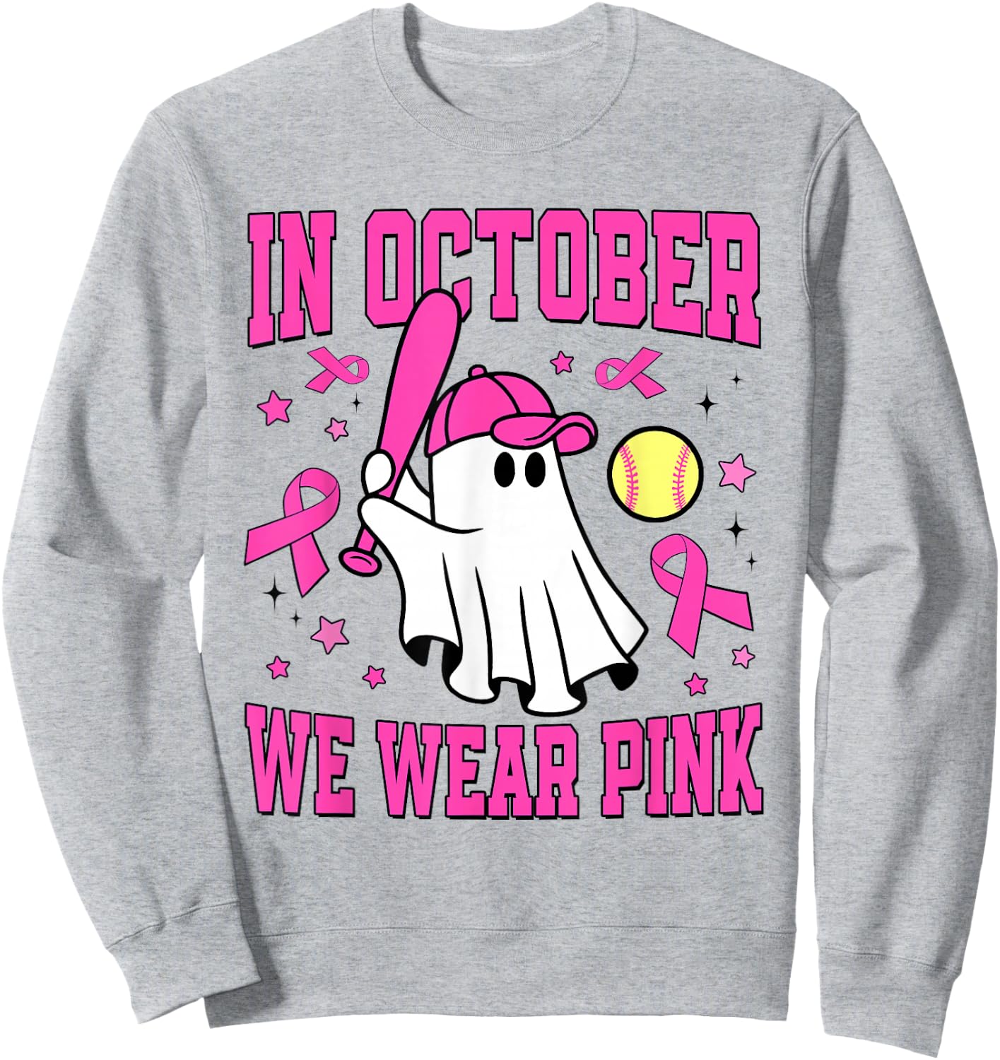 In October We Wear Pink Ghost Softball Funny Breast Cancer Sweatshirt - Sweatshirt | Ash