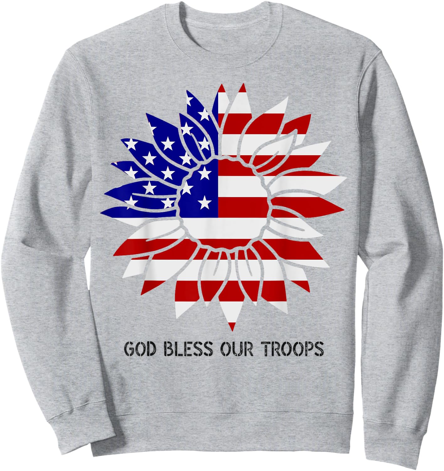 Patriotic US Flag Sunflower God Bless Our Troops Kids Men Sweatshirt - Sweatshirt | Ash