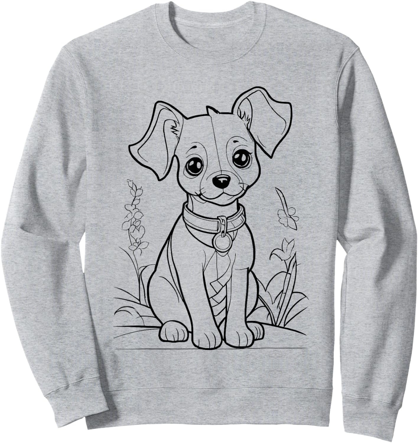 Cute Dog in Flower Field for Colouring with Textile Pens DIY Sweatshirt - Sweatshirt | Ash