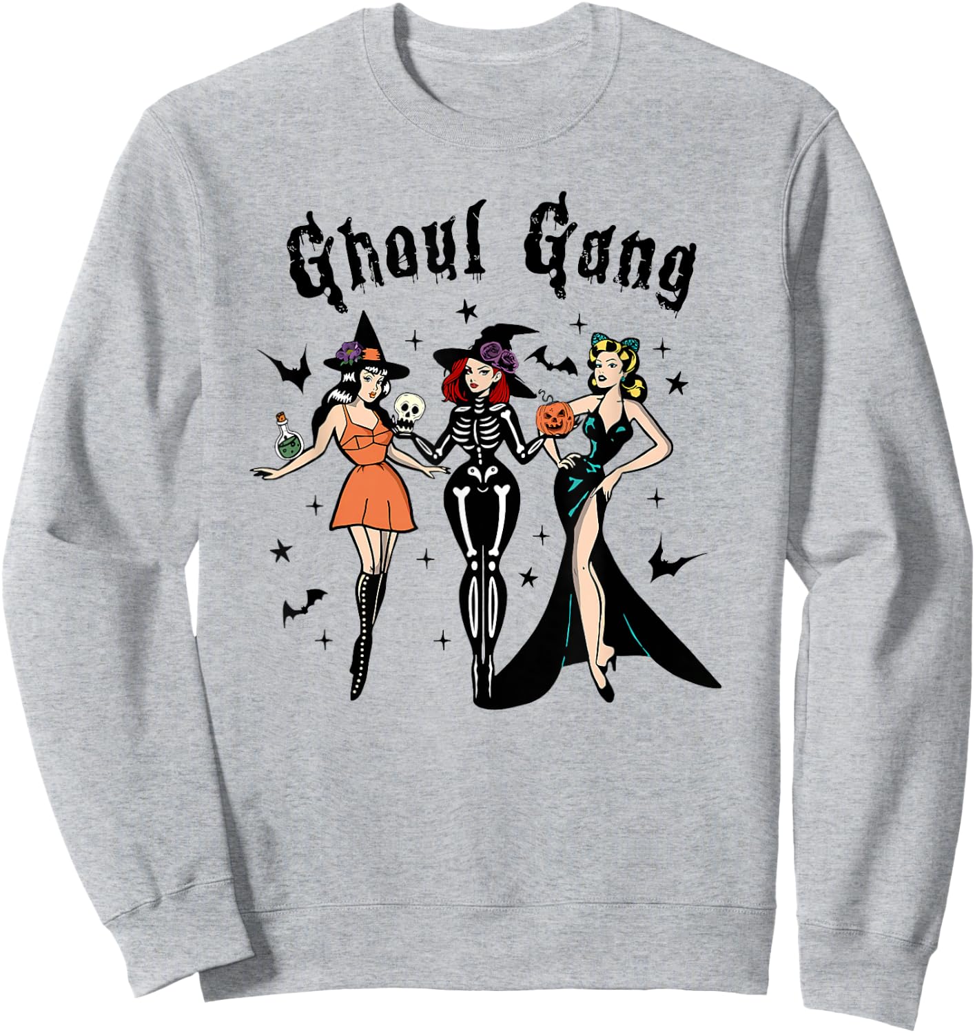 Ghoul Gang Retro Pin Up Halloween Witches Party Men Women Kids Sweatshirt - Sweatshirt | Ash