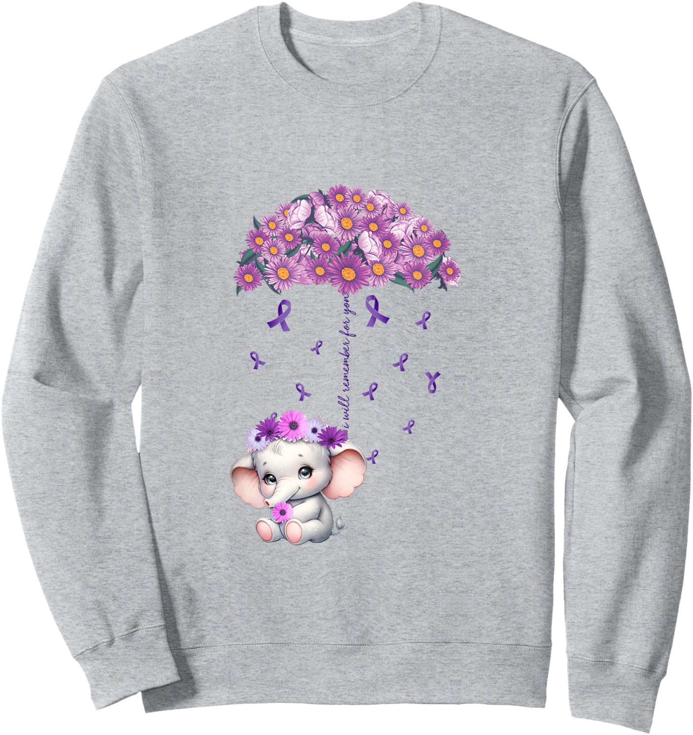 Cute Purple Elephant Alzheimer's Awareness I will Remember Sweatshirt - Sweatshirt | Ash