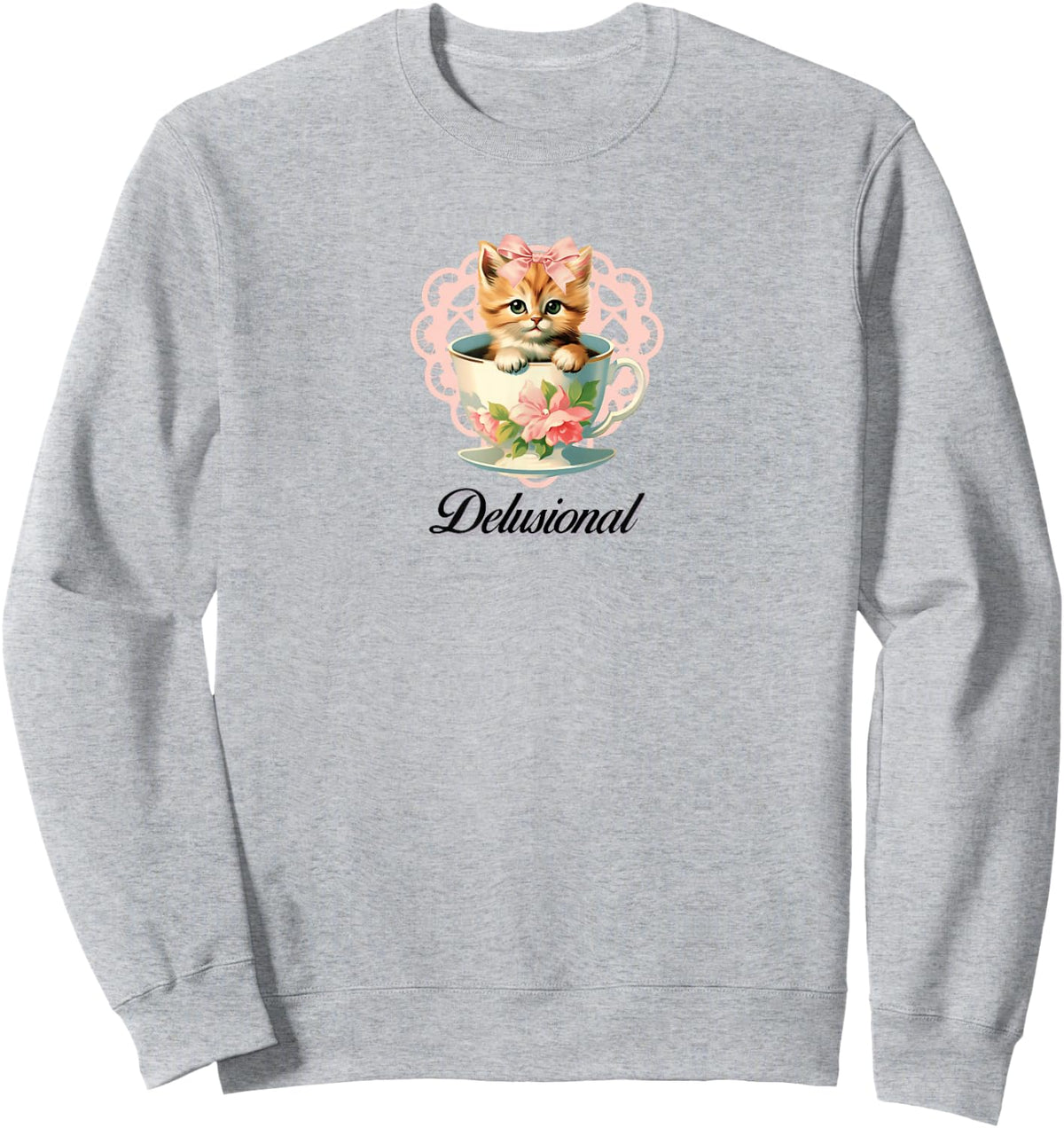 Delusional Coquette Cat Kitten Pink Bow Ribbon Y2K Aesthetic Sweatshirt - Sweatshirt | Ash