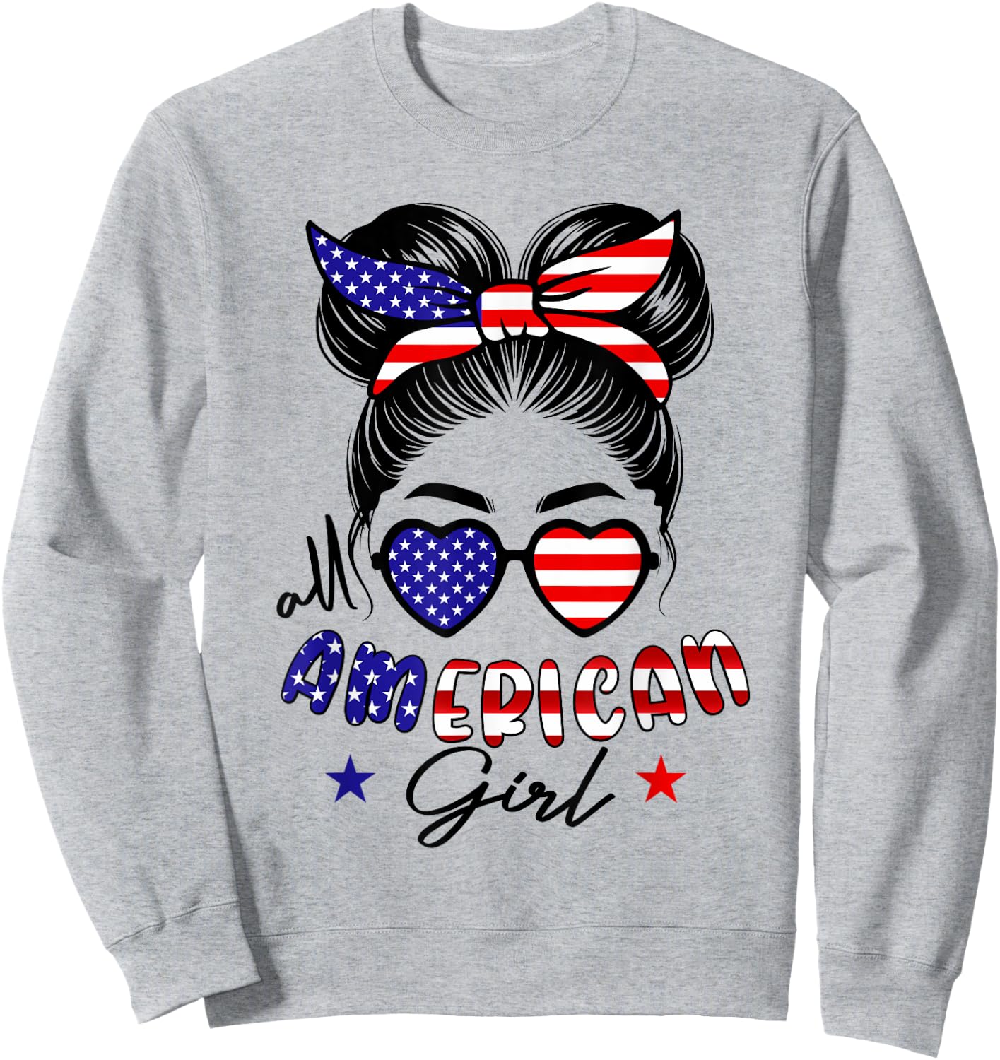 All american girl 4th of july women messy bun usa flag Sweatshirt - Sweatshirt | Ash
