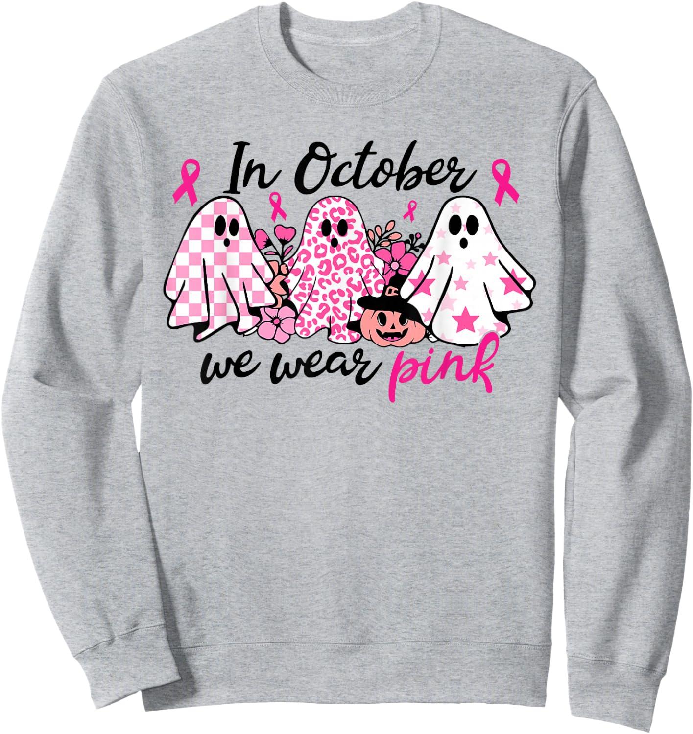 In October We Wear Pink Ghost Breast Cancer Halloween Sweatshirt - Sweatshirt | Ash