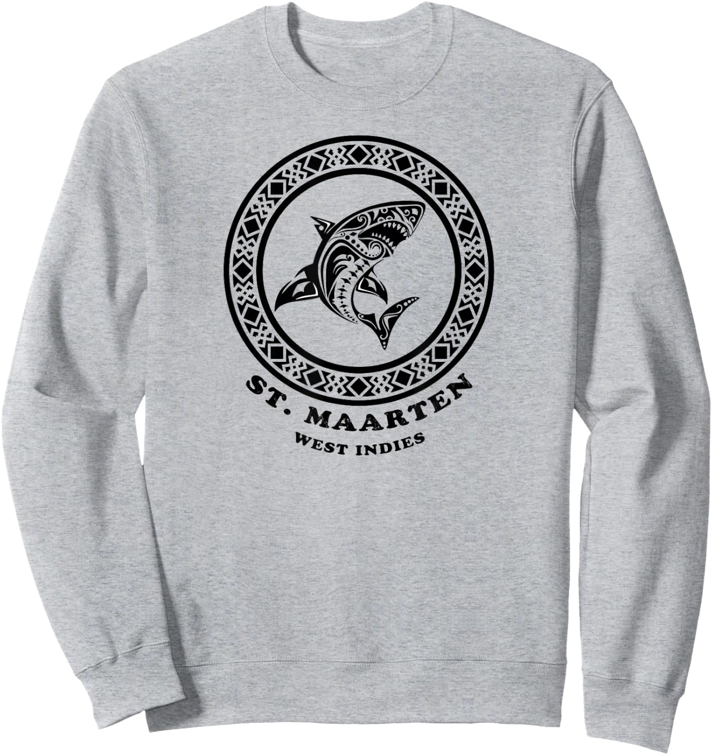 St. Maarten, West Indies Vintage Retro Tribal Shark Vacation Sweatshirt - Sweatshirt | Ash