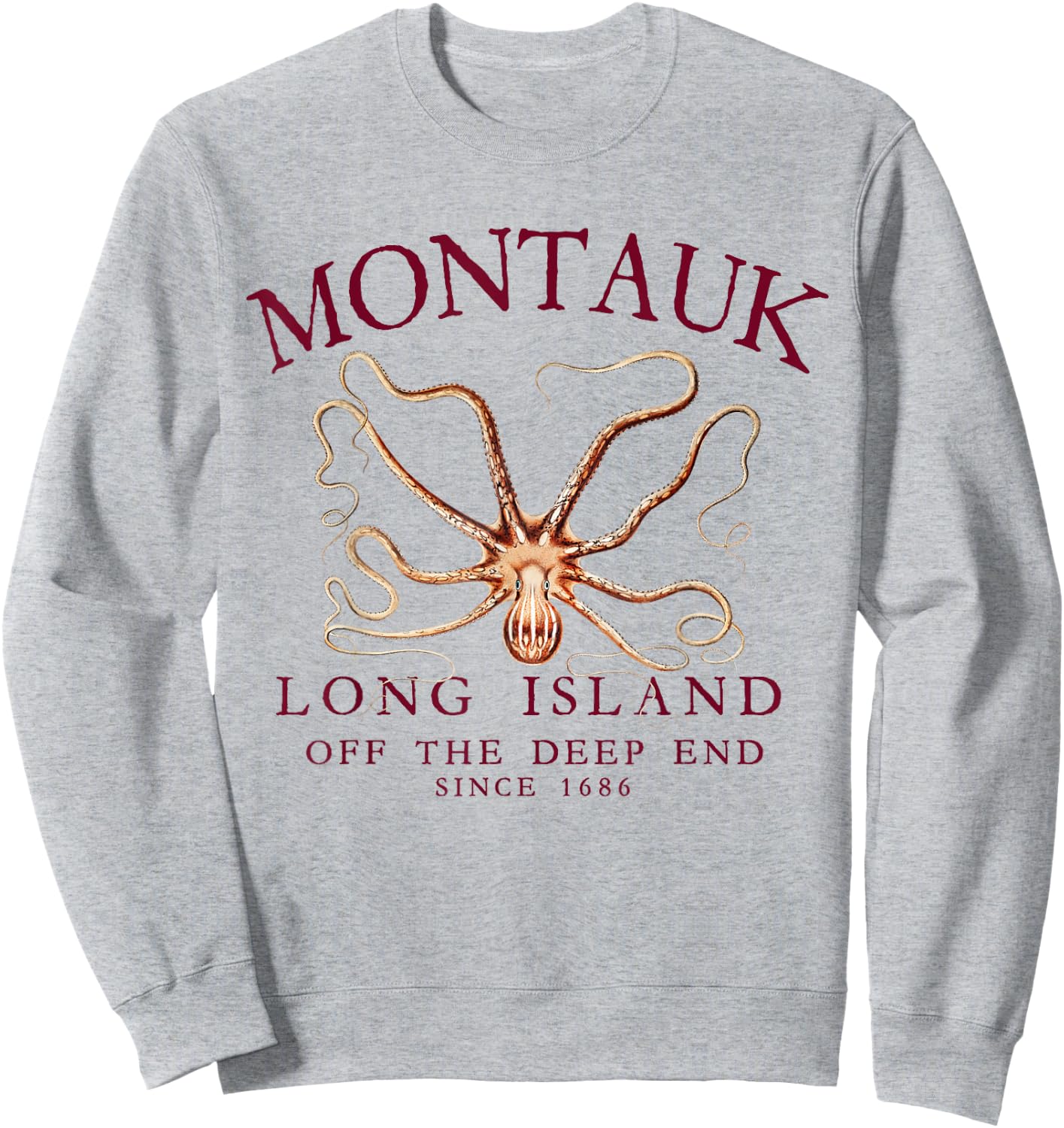 Montauk LI Off The Deep End Kraken Octopus Fishing Burgundy Sweatshirt - Sweatshirt | Ash