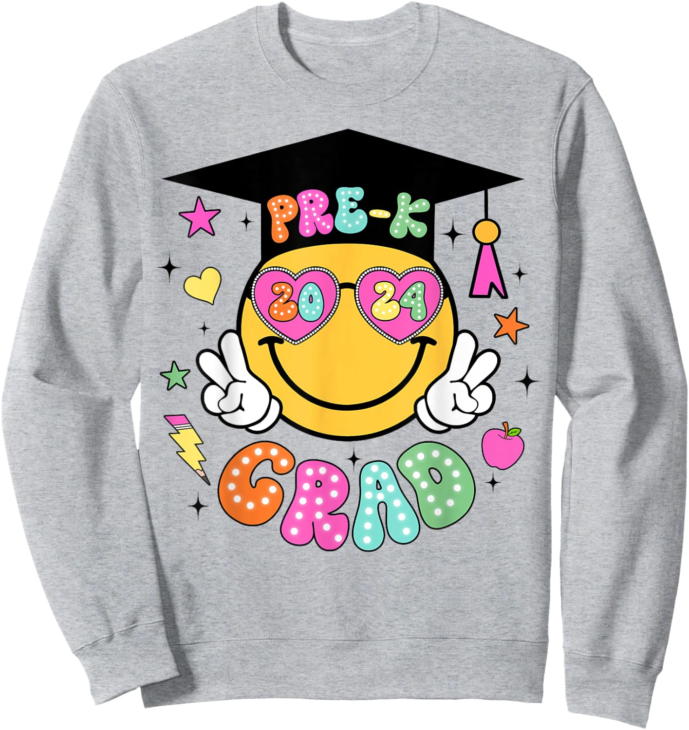 Groovy Pre-K Graduate Happy Face Graduation 2024 Grad Sweatshirt - Sweatshirt | Ash