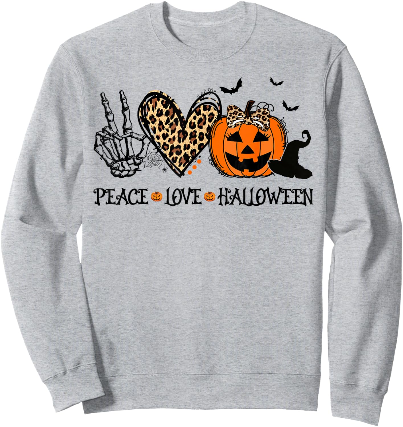 Peace Love Halloween Happy Halloween Pumpkin Leopard Heart Sweatshirt - Sweatshirt | Ash