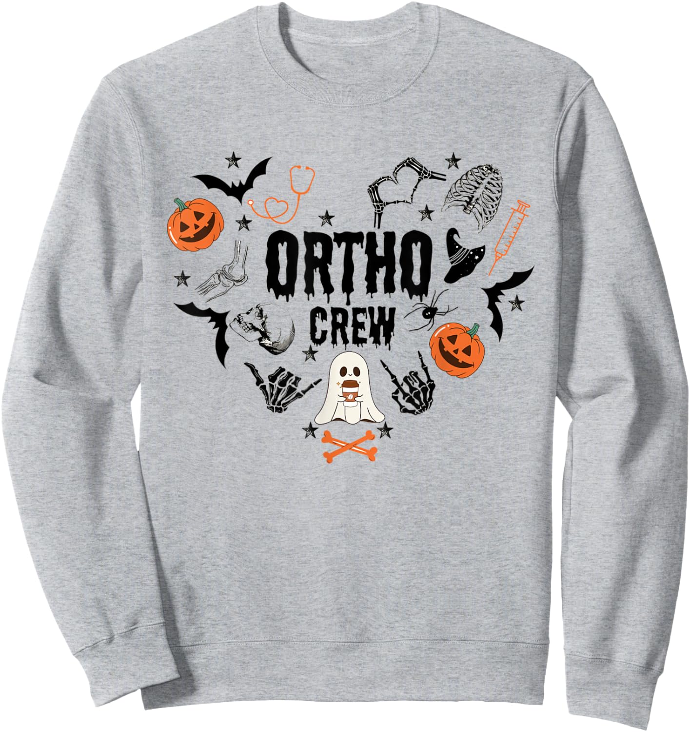 Ortho Crew Halloween Pumpkin Orthopedic Nurse Skeleton Hand Sweatshirt - Sweatshirt | Ash