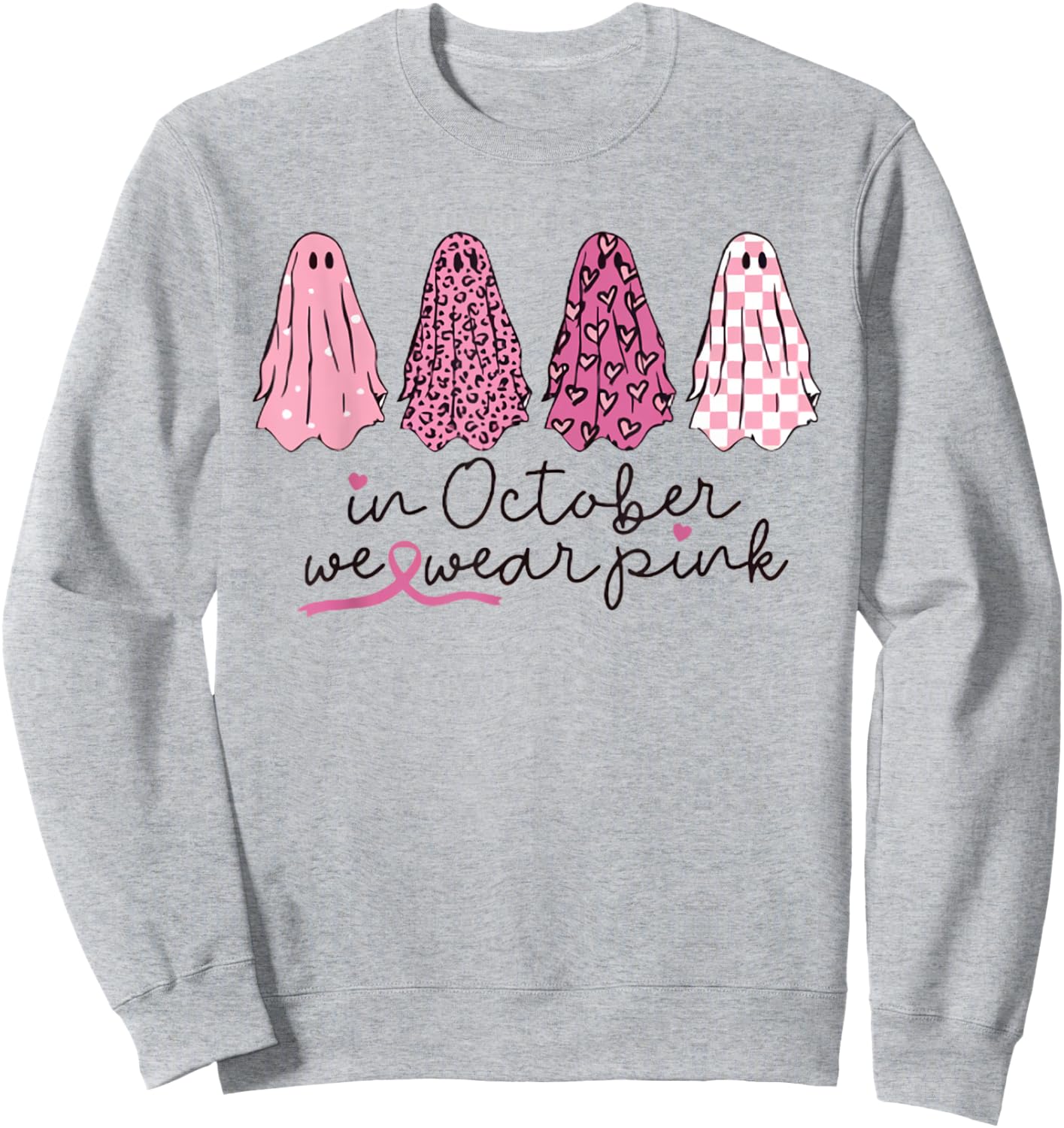 Women In October We Wear Pink Wizard Ghosts Breast Cancer Sweatshirt - Sweatshirt | Ash