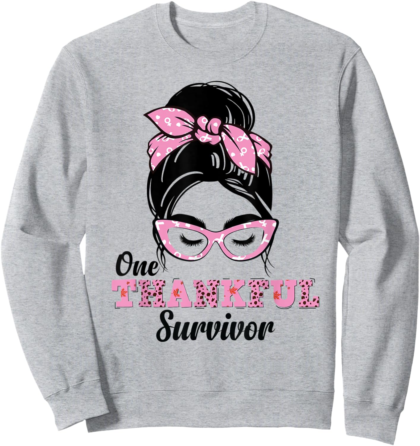 One Thankful Survivor Messy Bun Breast Cancer Awareness Sweatshirt - Sweatshirt | Ash