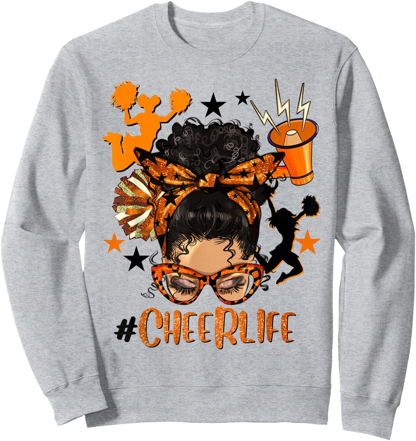 Cheer Life Messy Bun Brunette Orange Black Cheerleading Team Sweatshirt - Sweatshirt | Ash