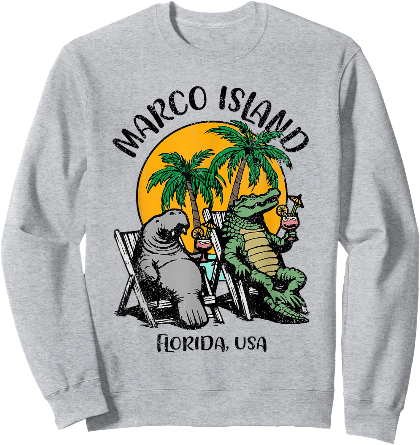 Marco Island Florida USA Funny Manatee Alligator Design Sweatshirt - Sweatshirt | Ash