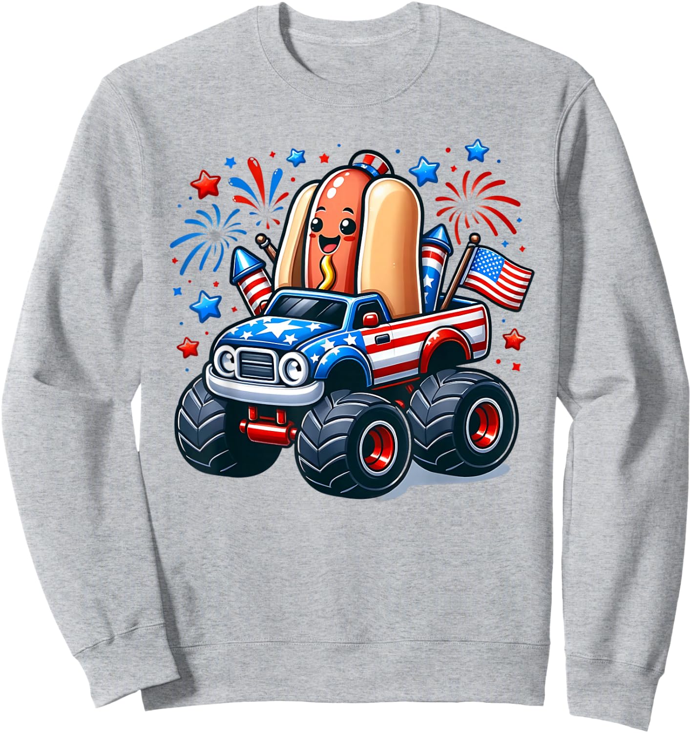 4th of July Shirts Boys Kids Hot Dog Red White Blue USA Flag Sweatshirt - Sweatshirt | Ash
