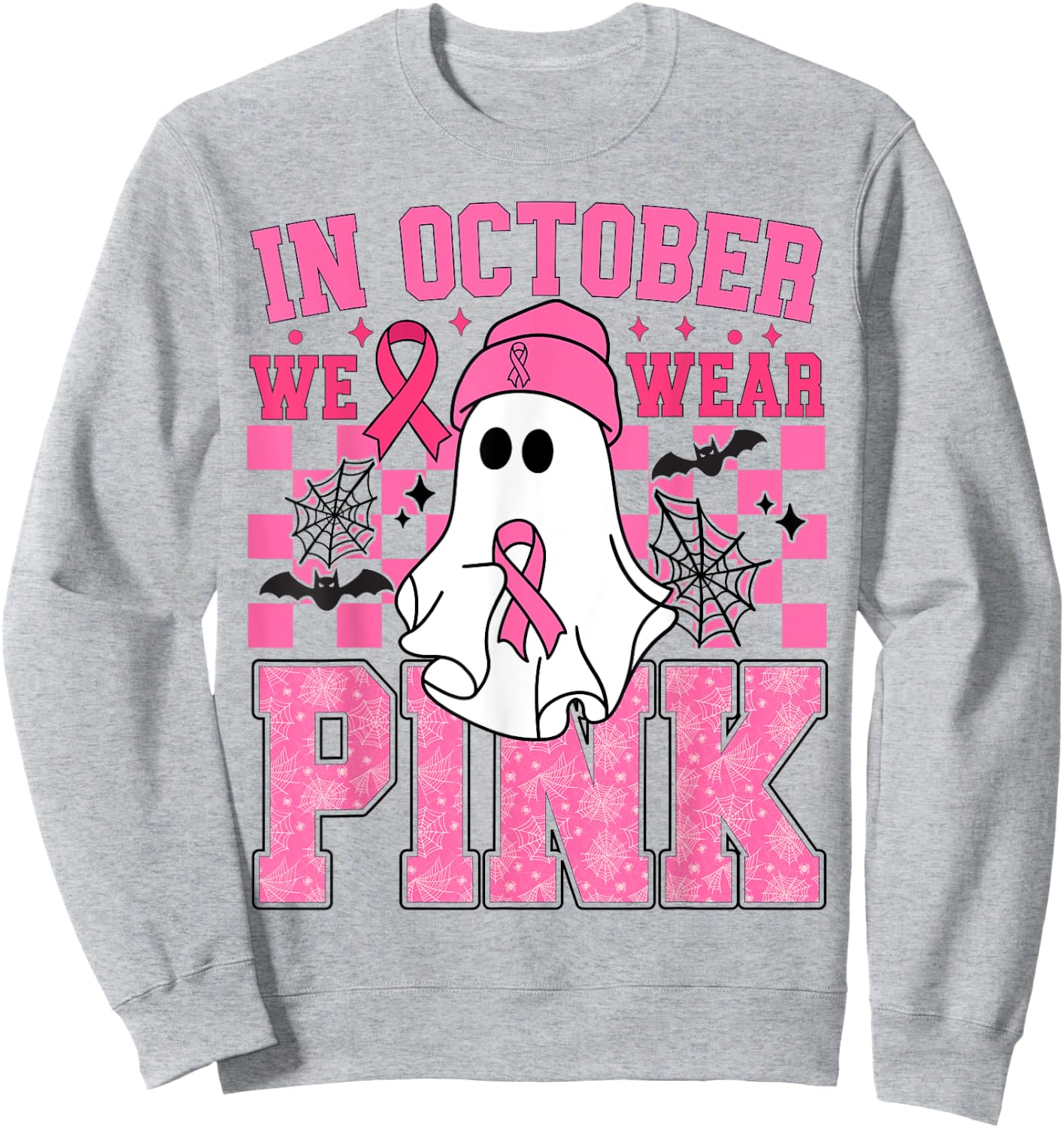 In October We Wear Pink Breast Cancer Awareness Halloween Sweatshirt - Sweatshirt | Ash