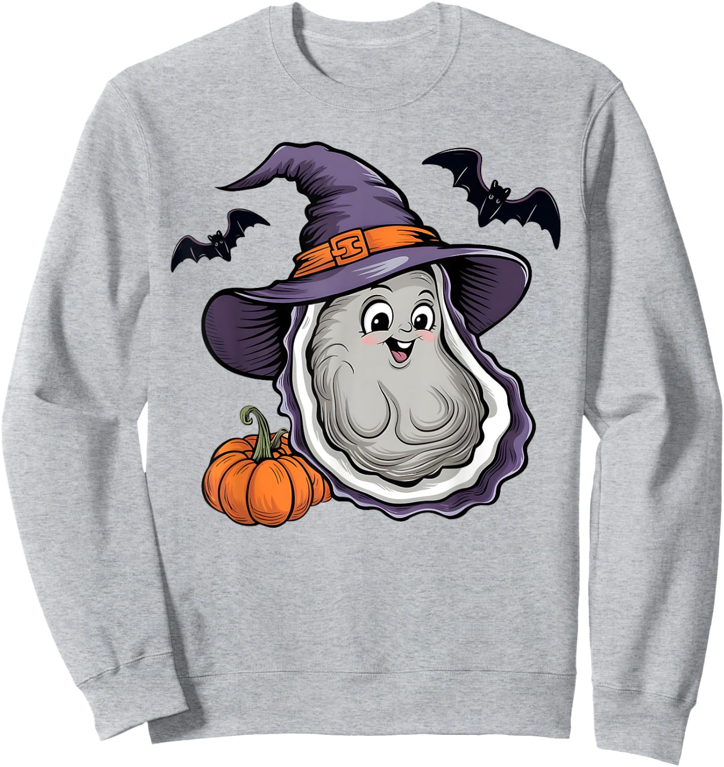 Oyster Scary Pumpkin Bat Funny Witch Hat Oyster Halloween Sweatshirt - Sweatshirt | Ash
