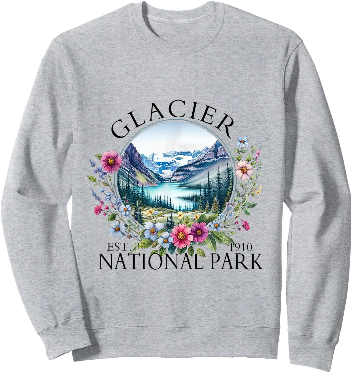 Retro Floral Glacier National Park Hiking Camping Outdoor Sweatshirt - Sweatshirt | Ash