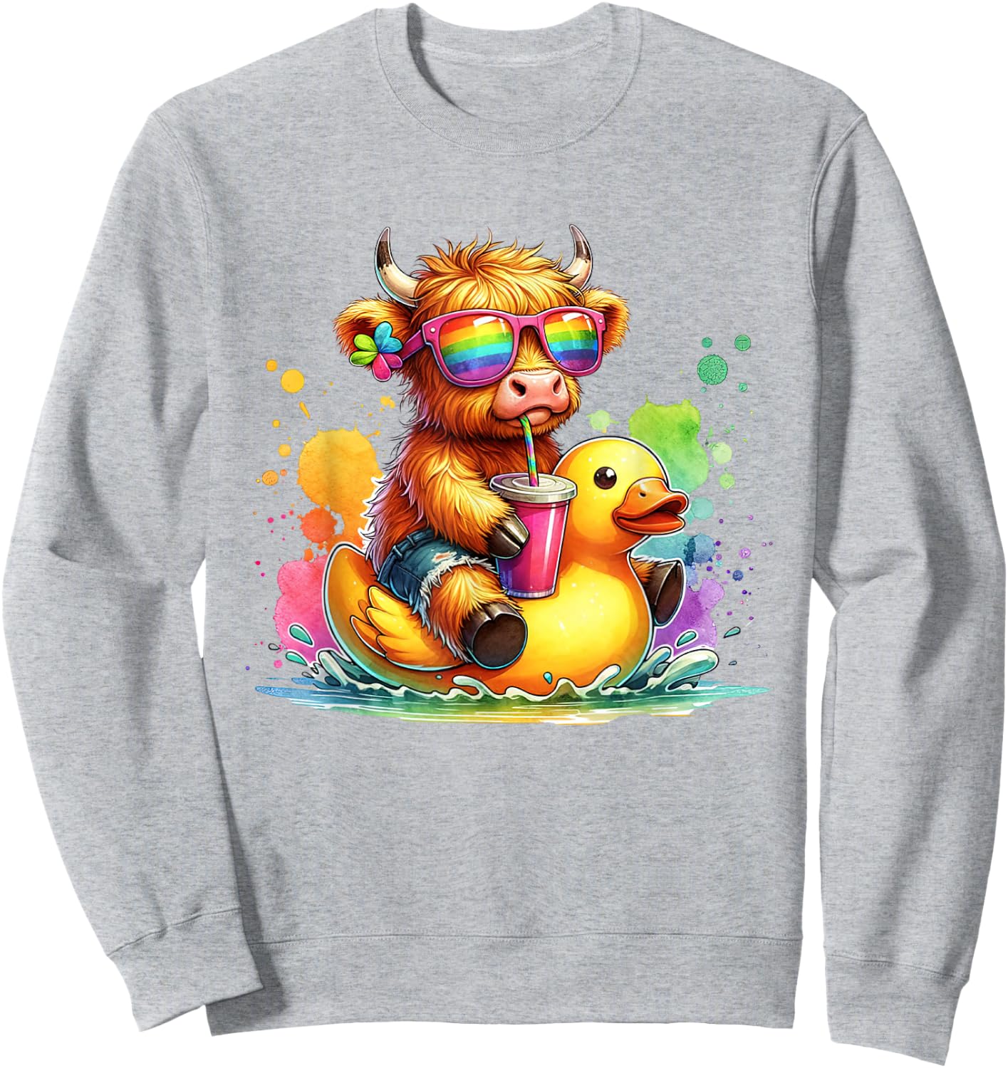 Cute Highland Cow Duck Pool Float Summer Vibes Swimming Sweatshirt - Sweatshirt | Ash