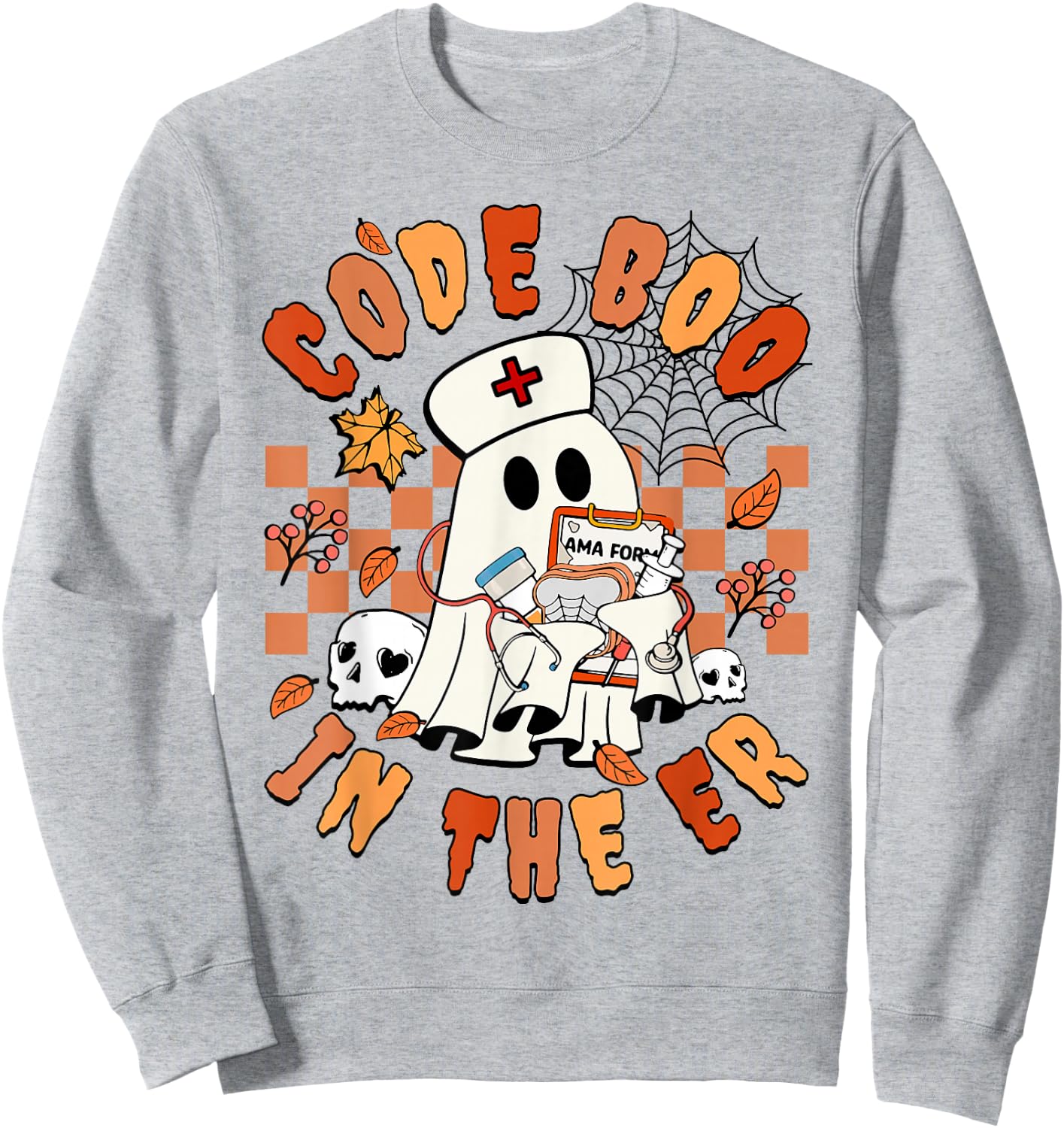 Retro Code Boo In The ER ICU Nurses Ghost Halloween Costume Sweatshirt - Sweatshirt | Ash