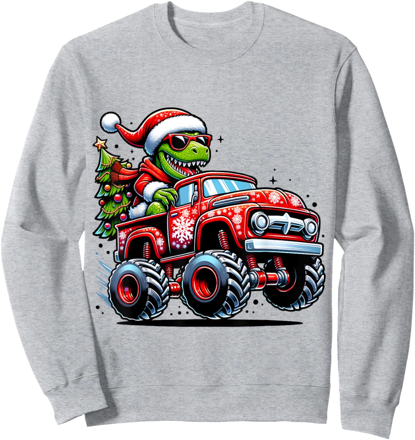 Christmas T Rex Monster Truck Boys Dinosaur Santa Xmas Funny Sweatshirt - Sweatshirt | Ash