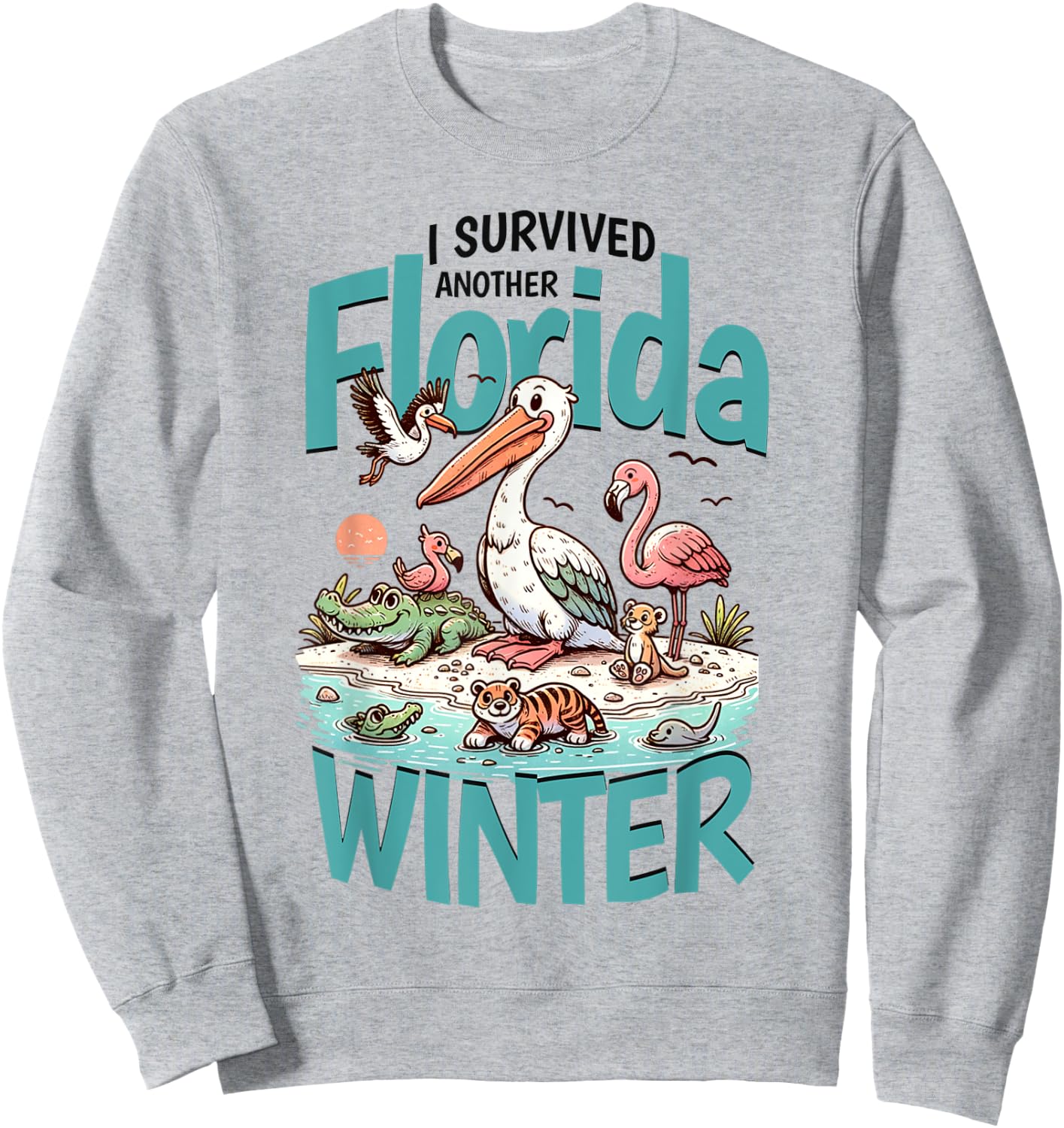 Florida Snowbirds Pelican Flamingo Alligator Manatee Graphic Sweatshirt - Sweatshirt | Ash