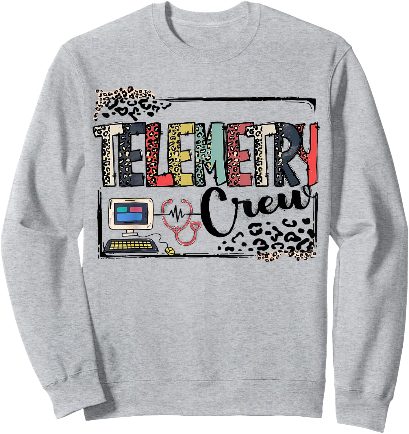 Leopard Lettering Telemetry Crew Cardiac Telemetry Tech Sweatshirt - Sweatshirt | Ash
