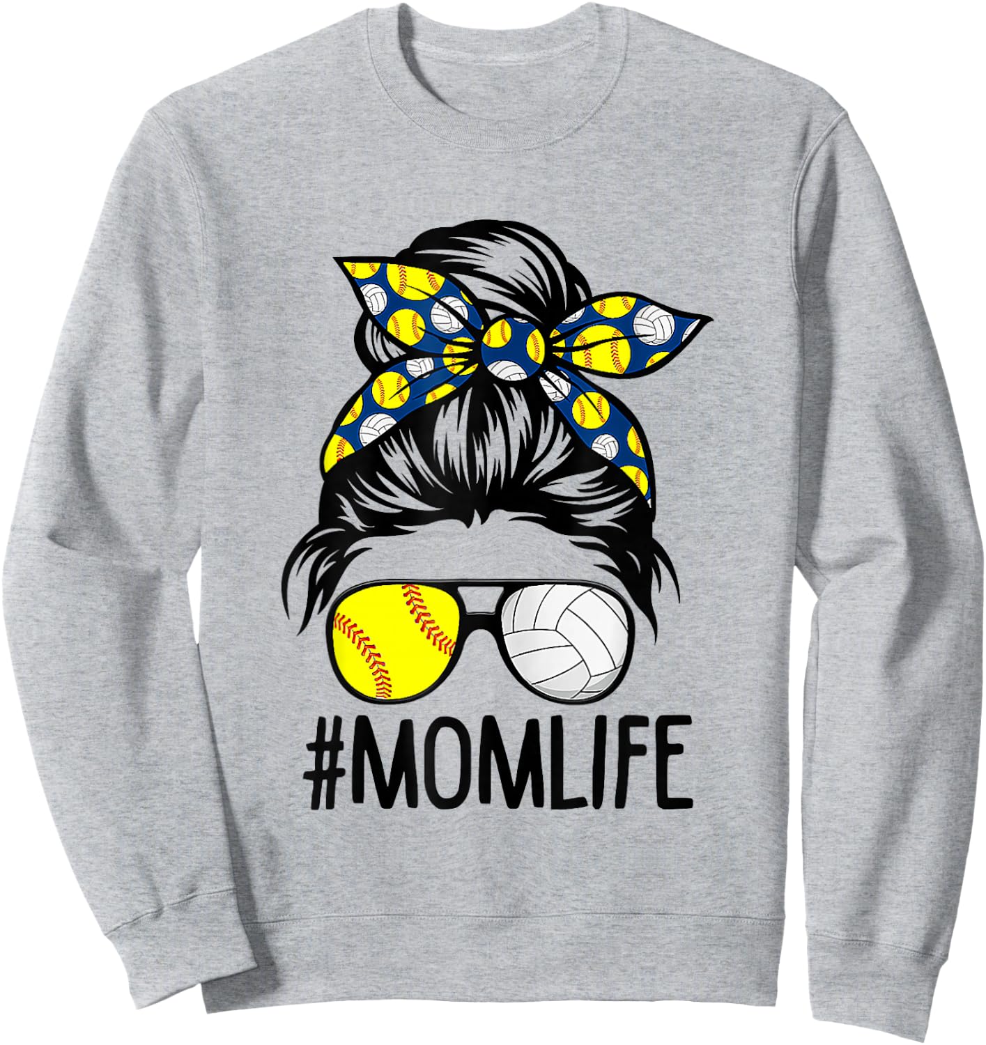 Dy Mom Life Softball Volleyball Mothers Day Messy Bun Sweatshirt - Sweatshirt | Ash