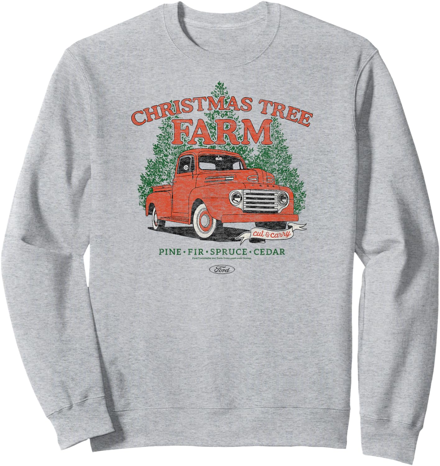 Ford - Vintage F3 1949 Red Truck Christmas Tree Farm Sweatshirt - Sweatshirt | Ash