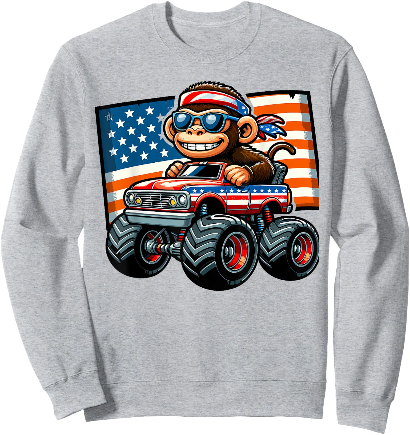 Patriotic Monkey 4th July Monster Truck American Women Kids Men Sweatshirt - Sweatshirt | Ash