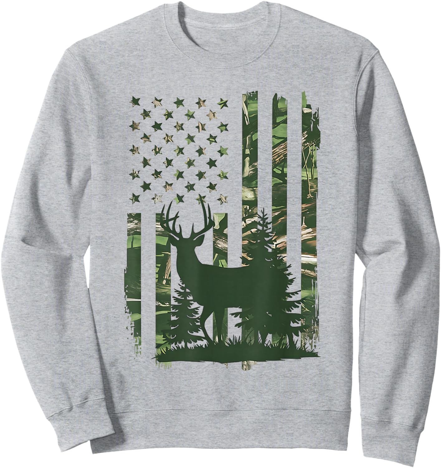 Camo Deer Hunting American Flag Whitetail Hunter USA Graphic Sweatshirt - Sweatshirt | Ash